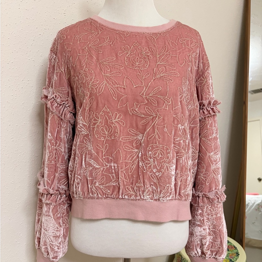 cinq a sept Dusty Rose Velvet Floral Pullover